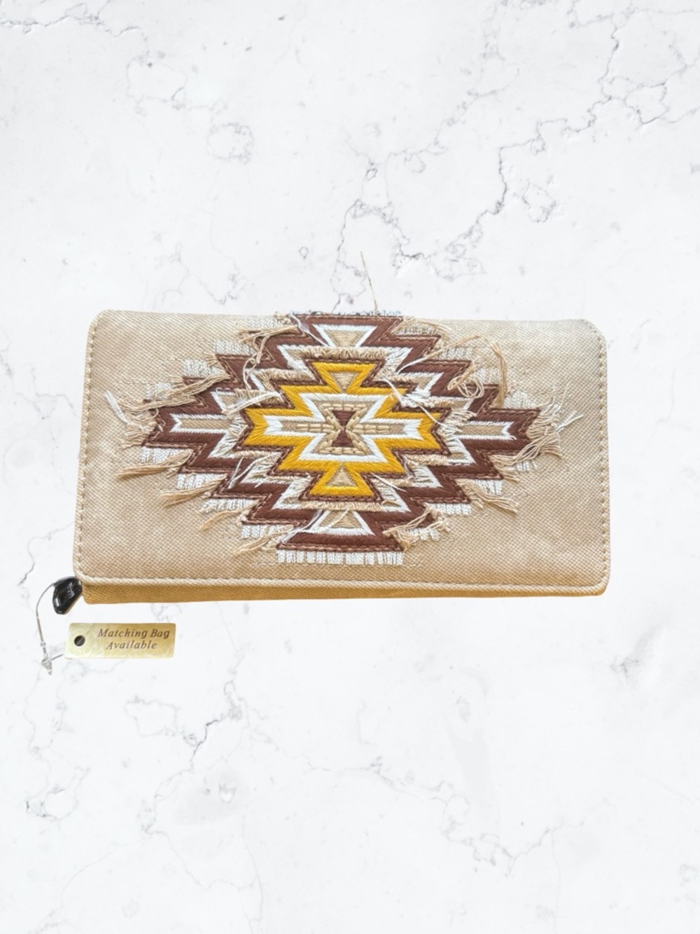 Montana West Beige Wallet with Brown and Yellow Aztec Embroidery Fringe